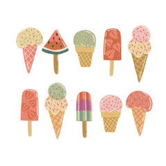 Vector cute hand drawn illustration with ice cream and watermelon. Ice cream stickers, clipart