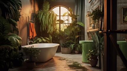 Vintage style bathroom with plants Generative AI