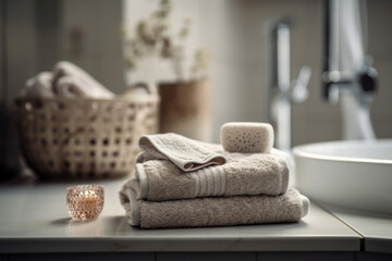 Fototapeta na wymiar Minimalist bathroom decor featuring candles and towels on a wooden table, perfect for a relaxing spa day at home. AI Generative.