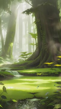 morning in the fantasy forest with big trees. Cartoon or anime watercolor painting illustration style. seamless looping virtual vertical video animation background.