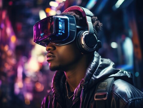 Man wearing a VR headset, futuristic virtual world, digital art illustration and colorful. Generative AI