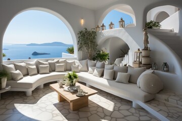 Obraz na płótnie Canvas Sleek and luxurious outdoor terrace with a pool in a paradise island setting