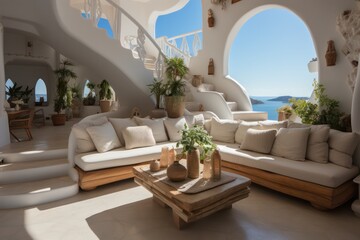 Fototapeta na wymiar Sleek and luxurious outdoor terrace with a pool in a paradise island setting