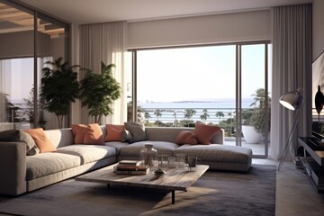 Sleek and luxurious outdoor terrace with a pool in a paradise island setting