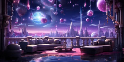 A awesome futuristic room with sofa and futuristic disco ball around the background with awesome buildings