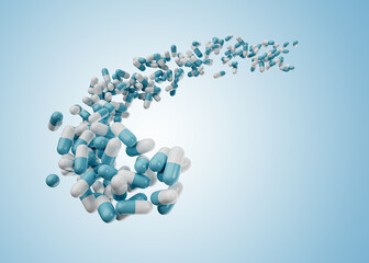 3d Blue And White Pharmaceutical Antibiotic Capsules Flowing Coming In The Air, 3d Illustration