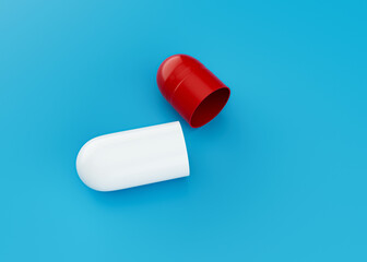 3d Red And White Open Pharmaceutical Antibiotic Capsule Isolated On Blue Background, 3d Illustration