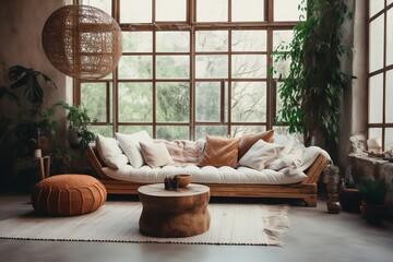 Fototapeta na wymiar Eclectic Charm Modern Living Room with Boho Style Interior Design. Generative AI