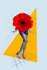 Collage metaphor artwork of slim lady legs posing model night club outfit high heels headless red...
