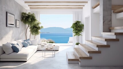 architecture of modern residence, showcasing luxurious design, lounge area, couch, a pool and stairs