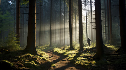 person walking in the forest at morning
