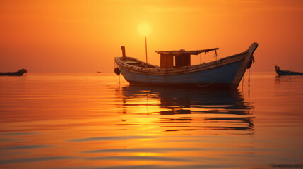 small traditional fishing boat on sea at sunset