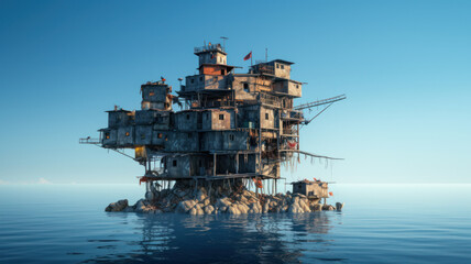 houses surrounding by water. global warming and climate change. dystopia and post-apocalyptic civilization