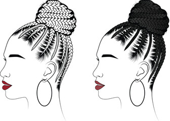 Black braid hairstyles and Top Buns - Braid Illustration - African Hairs - obrazy, fototapety, plakaty