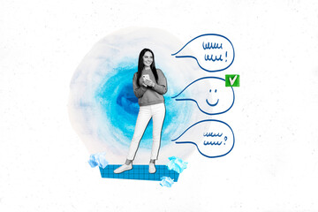 Creative graphics collage image of thoughtful smiling lady getting instagram twitter telegram...