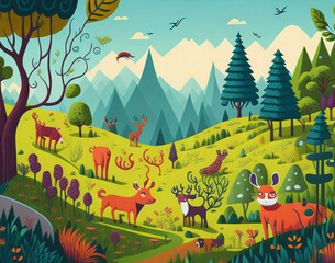 A cartoon summer scene with mountain landscape, Forest and meadow shores illustration, AI Generated