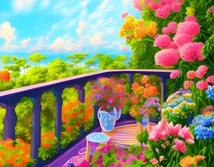 Beautiful balcony full of flowers in summer. Illustration Ai generated