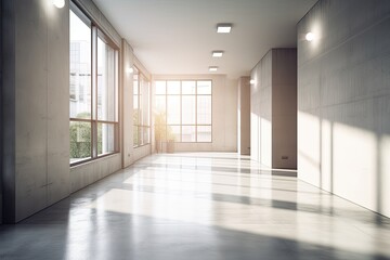 Obraz premium A bright, roomy hallway with a window, a blank wall, and a light, polished concrete floor. Generative AI