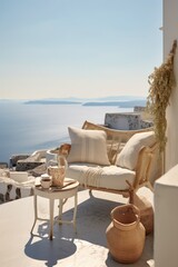 Modern architecture and design of a designer villa, balcony with sea view in a Mediterranean landscape