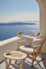 Fototapeta na wymiar Modern architecture and design of a designer villa, balcony with sea view in a Mediterranean landscape