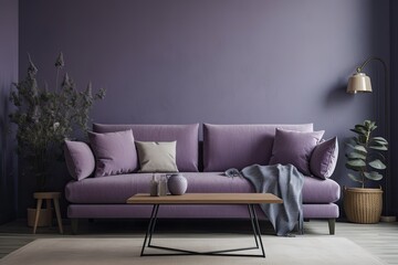 Fototapeta na wymiar 2022 living room color trend Very Peri. Lavender sofa in bright color with blank wall for artwork or image. Generative AI