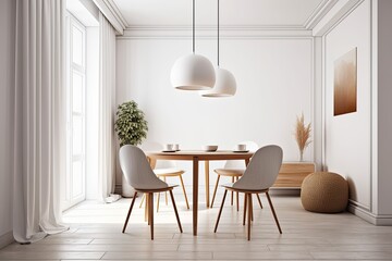 A circular white table and four brown chairs are in a minimalist white dining room area. a mockup. Generative AI