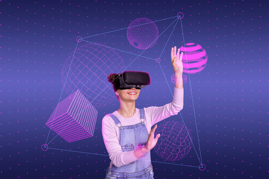 Futuristic poster banner collage of young lady millennial in cyberspace reality have fun in video game math challenge