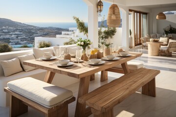 Obraz premium Interior design of a greek residence, showcasing sleek architecture and sea views