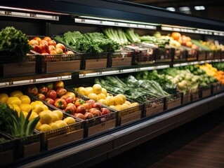 Close-up photo of a shelf of fresh vegetables in a supermarket, bright colors and light from bulbs. Generative AI