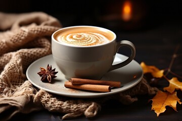 Close-up Shot of a Steaming Cup of Spiced Pumpkin Latte with a Cinnamon Stick