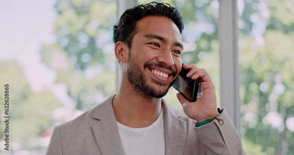 Poster asian man, phone call and communication, smile and contact with networking or casual chat while at t