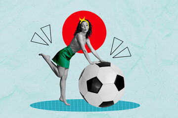 Funny girl collage picture of excited woman hold soccer ball fan support her favorite team match...
