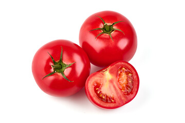 Tomato branch. Ripe fresh tomatoes, close-up, isolated on white background.