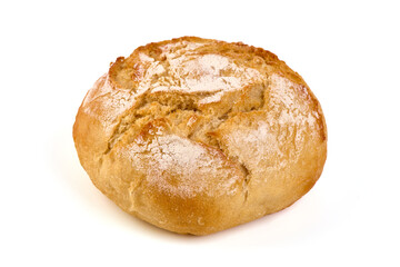 Crusty round bread rolls, isolated on white background.