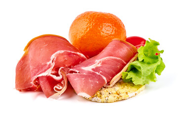 Italian prosciutto crudo or spanish jamon. Jerked meat, isolated on white background. High resolution image.