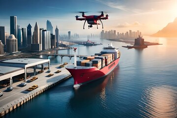 Transport of goods to platform in futuristic cargo port of future with drones. Generative AI - obrazy, fototapety, plakaty
