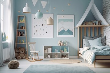 A blue chair, bookshelves, and a poster hanging over a bed can be seen in this interior corner of a child's room. blank walls. simulated toned image. Generative AI