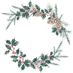 Christmas wreath of ilex branches with red berries and spruce branch, evergreen tree, pine cone. Emerald holly leaves. Botanical Winterberry banner. Hand painted watercolor illustration for wedding