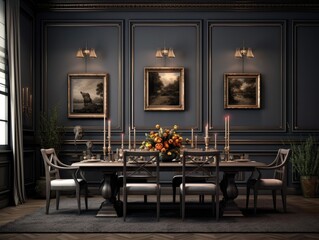A modern dining room for vintage dining rooms and dining sets, in the style of dark and candlelight. Generative AI