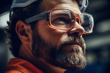 Focused worker man portret technological industrial complex factory production line workers face safety measures eyewear manufacturing mechanical scientific close-up employee enthusiasm concentration - obrazy, fototapety, plakaty