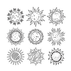 Hand Drawn Sun Outline Set Vector Illustration.