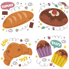 Doodle Bakery Stickers Set Vector Illustration.