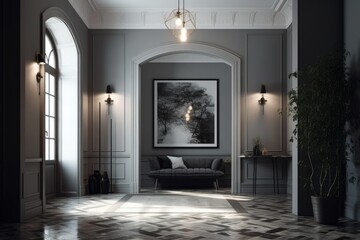 A contemporary classic room with a black and white marble floor, an arched entryway, an empty illuminated horizontal poster on the traditional gray wall with moldings, and built in lights. in front