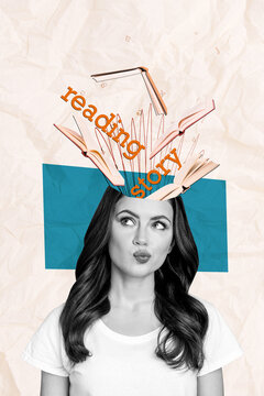 Creative trend collage of beautiful attractive female curious wondered head full books thoughtful reading story bizarre unusual fantasy