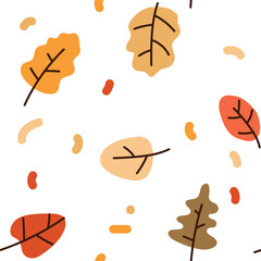 Seamless autumn pattern. Vector handdrawn doodle illustration with multicolor fallen red, brown, green, yellow. leaves. Colorful. Print for textiles, fabrics, curtains, tablecloth. Fall. Dot, dashes