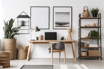 A chic Scandinavian living space features a shelf with a Mokc Up poster frame, a wooden desk, chair, bicycle, workplace supplies, and personal accessories. Generative AI
