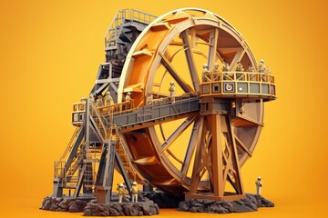 3d illustration bucket wheel excavator, mining machine in orange background