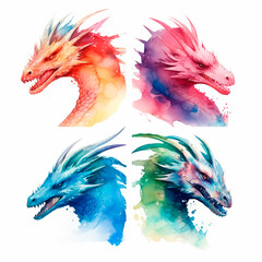 dragon head set watercolor on a white background created with Generative Ai