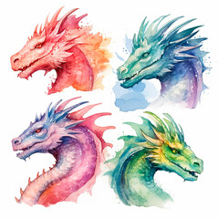 dragon head set watercolor on a white background created with Generative Ai