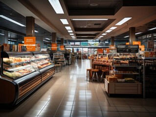 Supermarket store interior with shelves and display cabinet glass, a long corridor along the way, and light bulbs on the ceiling. Generative AI